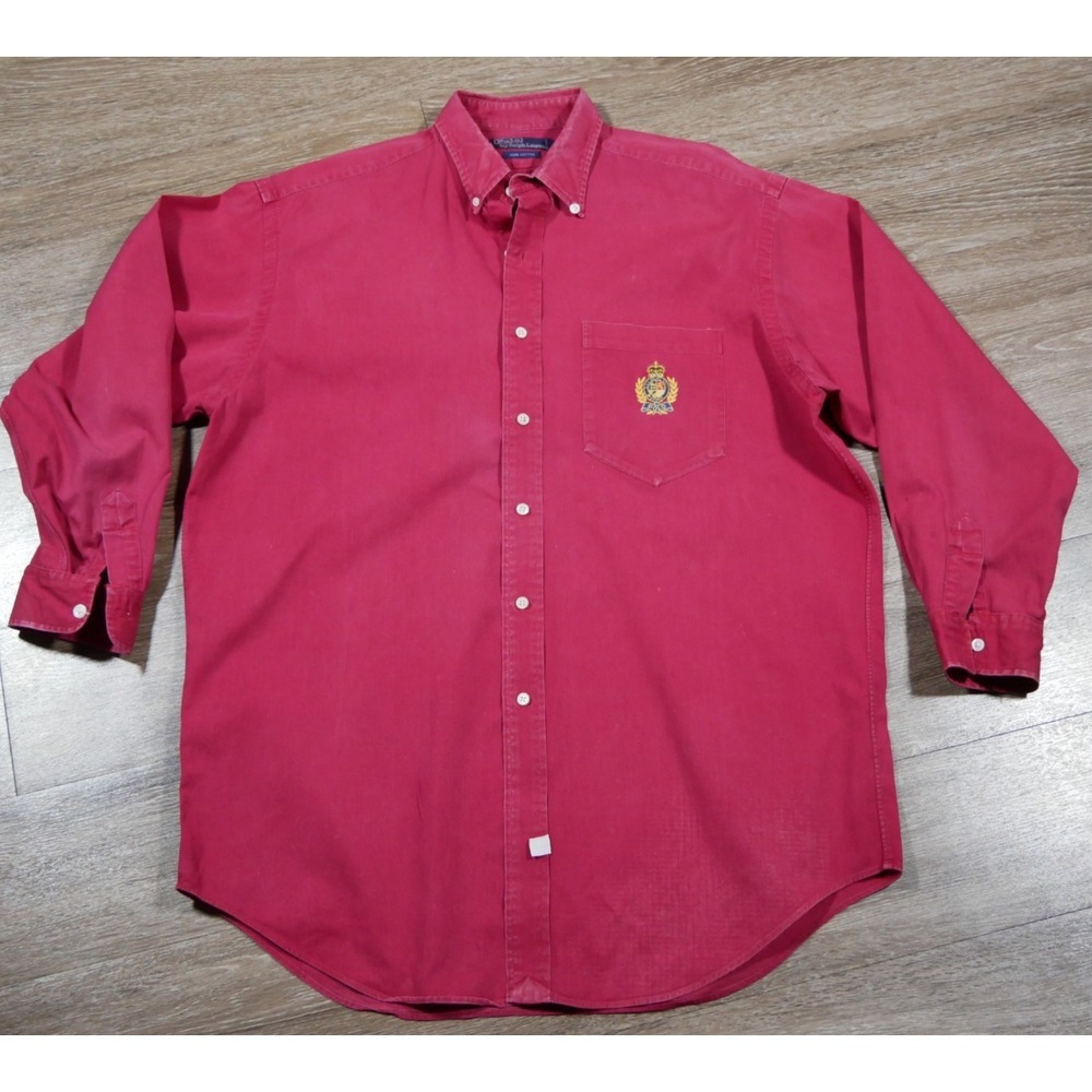 Polo Ralph Lauren Mens Red Button Down Shirt‎ Crest Logo Embroidered Cotton Med